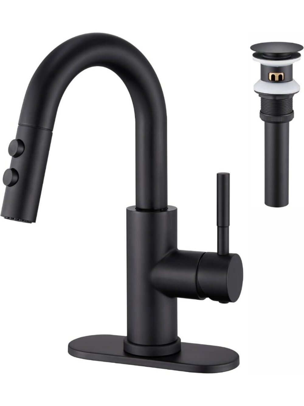 Matte Black Bathroom Faucet with Sprayer, Single Hole Design & Pop-Up Drain